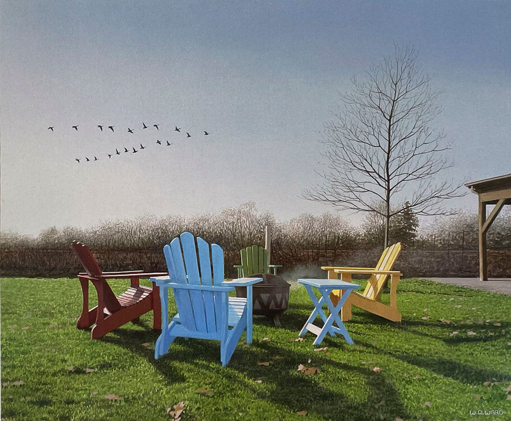 Vibrant Adirondack chairs encircling a fire pit on a green lawn, under a soft sky with birds flying.
