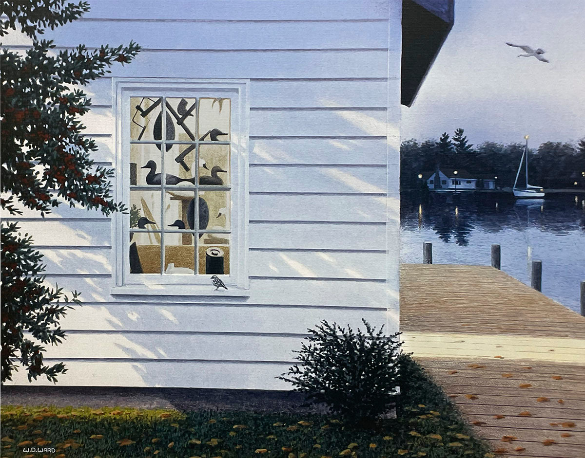 Cozy white house with a window displaying duck decoys, a bird on the sill, and a dock extending into a twilight lake scene.