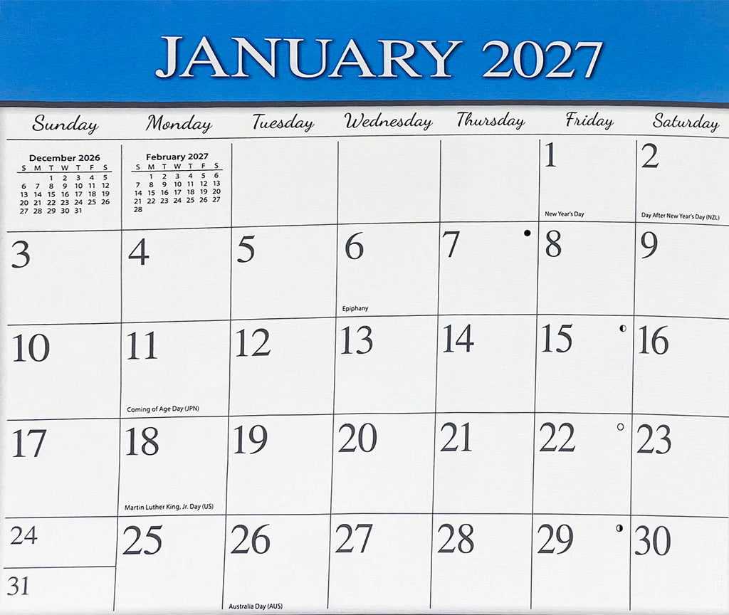 Detailed view of the January 2027 calendar page displaying dates, holidays, and surrounding month mini-calendars.