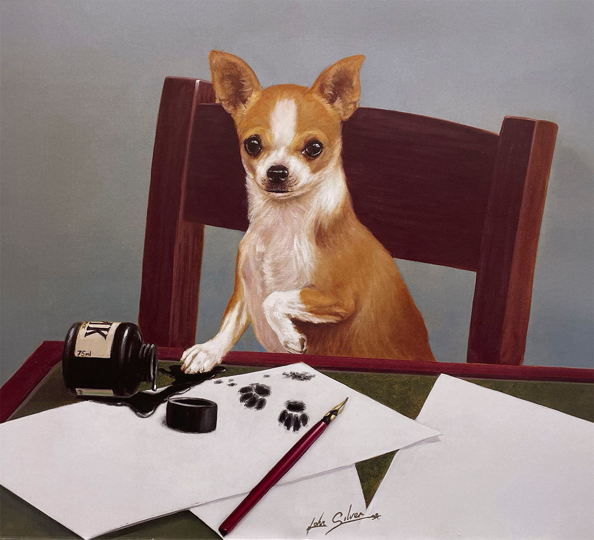 A mischievous Chihuahua sits at a desk, looking at the viewer after spilling an ink bottle, leaving paw prints on paper next to a quill pen.
