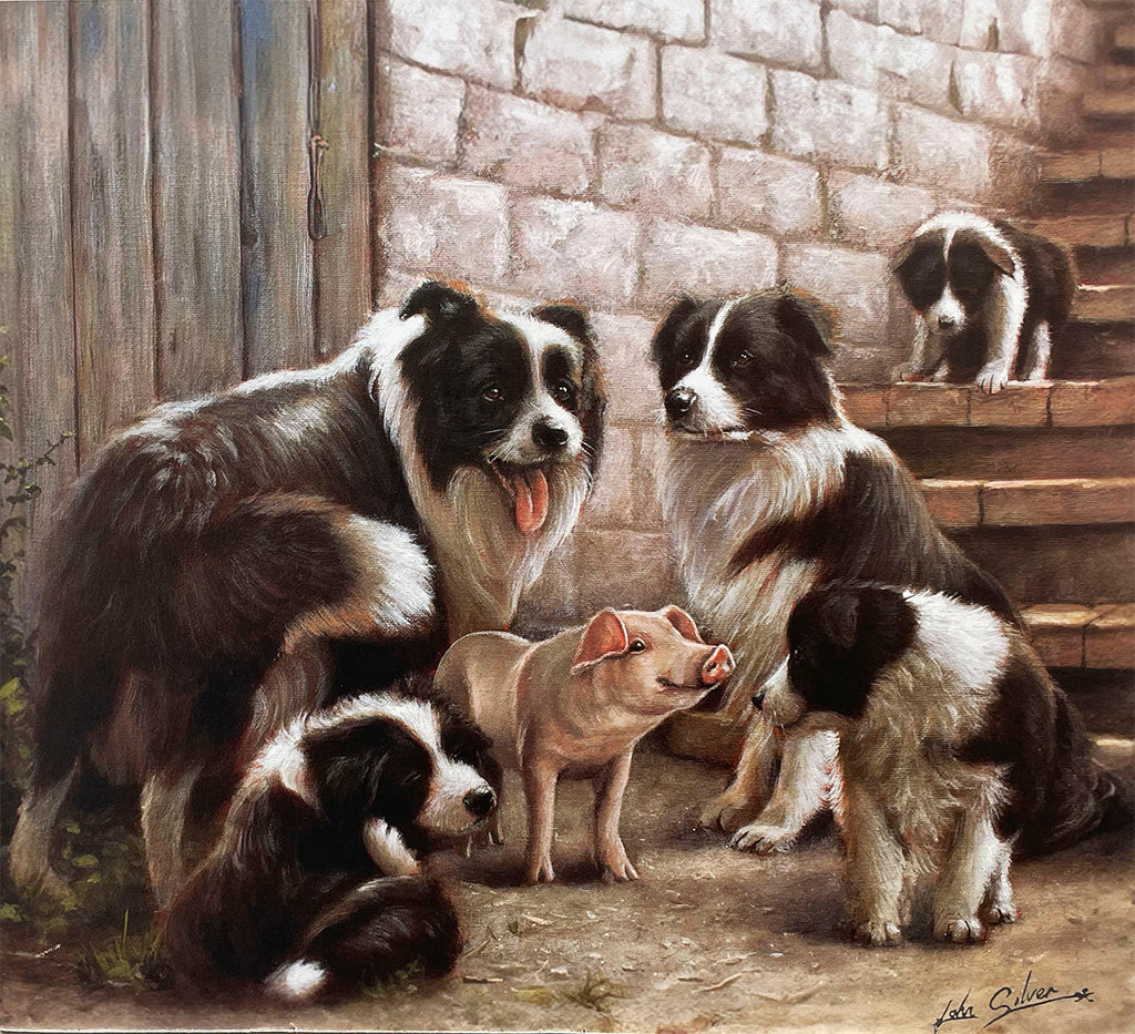 A heartwarming scene with a family of Border Collies, including adult dogs and puppies, interacting with a small, smiling piglet against a rustic brick wall.