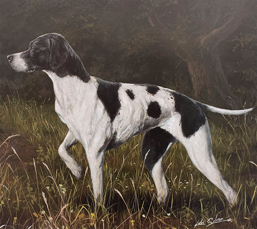 A sleek black and white Pointer dog is depicted in a classic hunting stance, focused and elegant, amidst a field of tall grass with a dark, natural background.