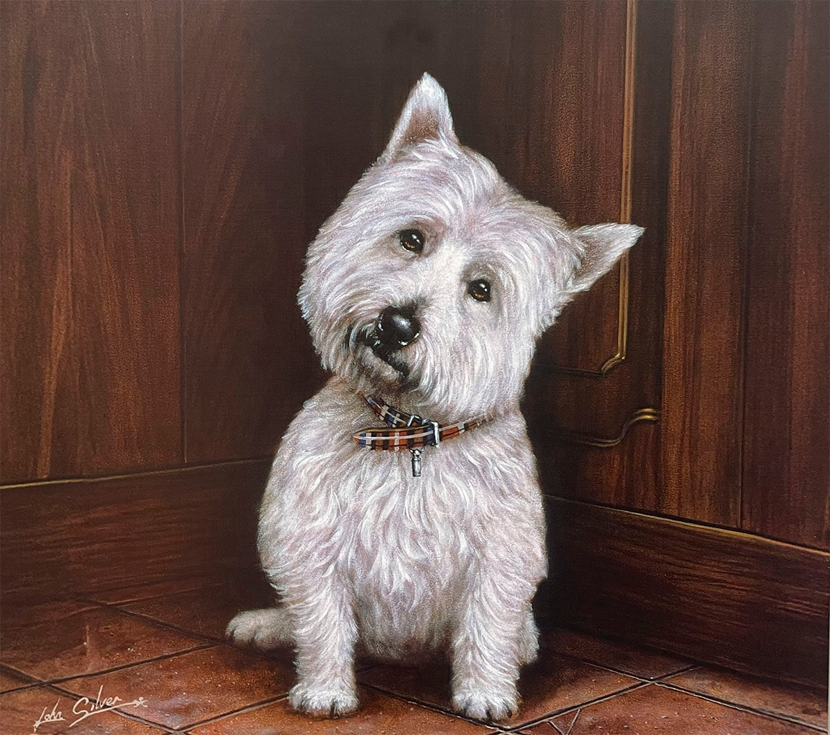 An adorable West Highland White Terrier (Westie) sits indoors on a tiled floor, tilting its head inquisitively, wearing a plaid collar, against a warm wooden cabinet background.
