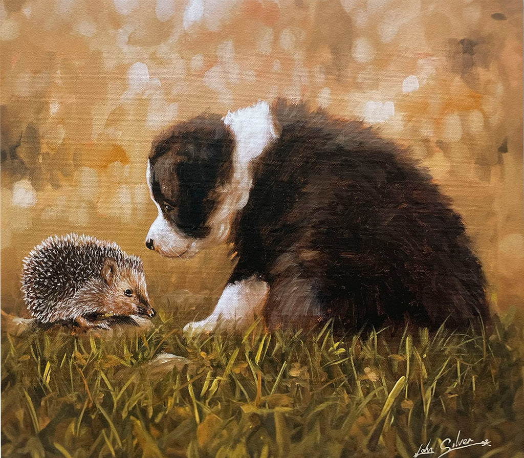 An endearing scene of a fluffy Border Collie puppy curiously sniffing a small hedgehog in a patch of soft green grass, against a warm, blurred background.