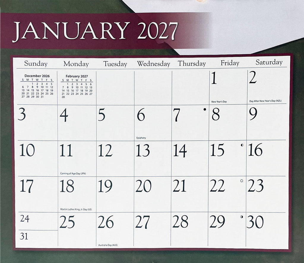 A clear close-up of a wall calendar page displaying the month of January 2027, showing the days of the week, dates, and various international holidays listed clearly.