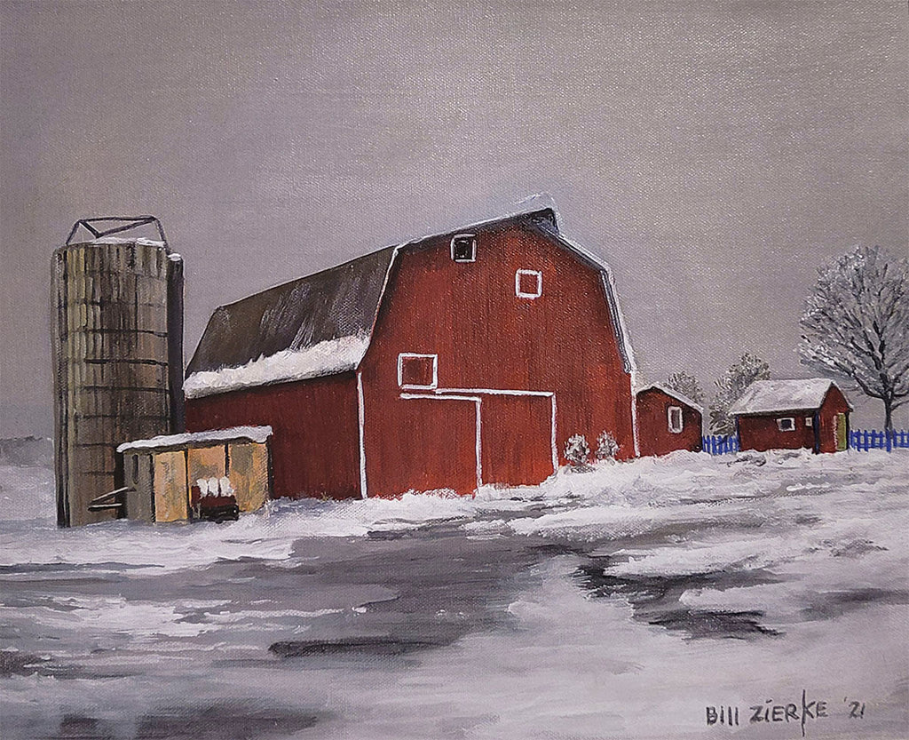 Winter farm landscape painting by Bill Zierke, showing a snow-covered red barn and silo under a muted gray sky.