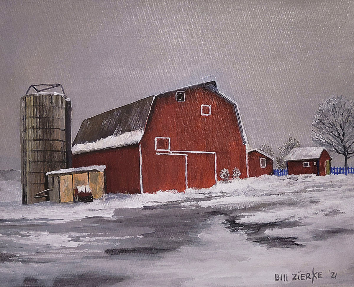 Winter farm landscape painting by Bill Zierke, showing a snow-covered red barn and silo under a muted gray sky.