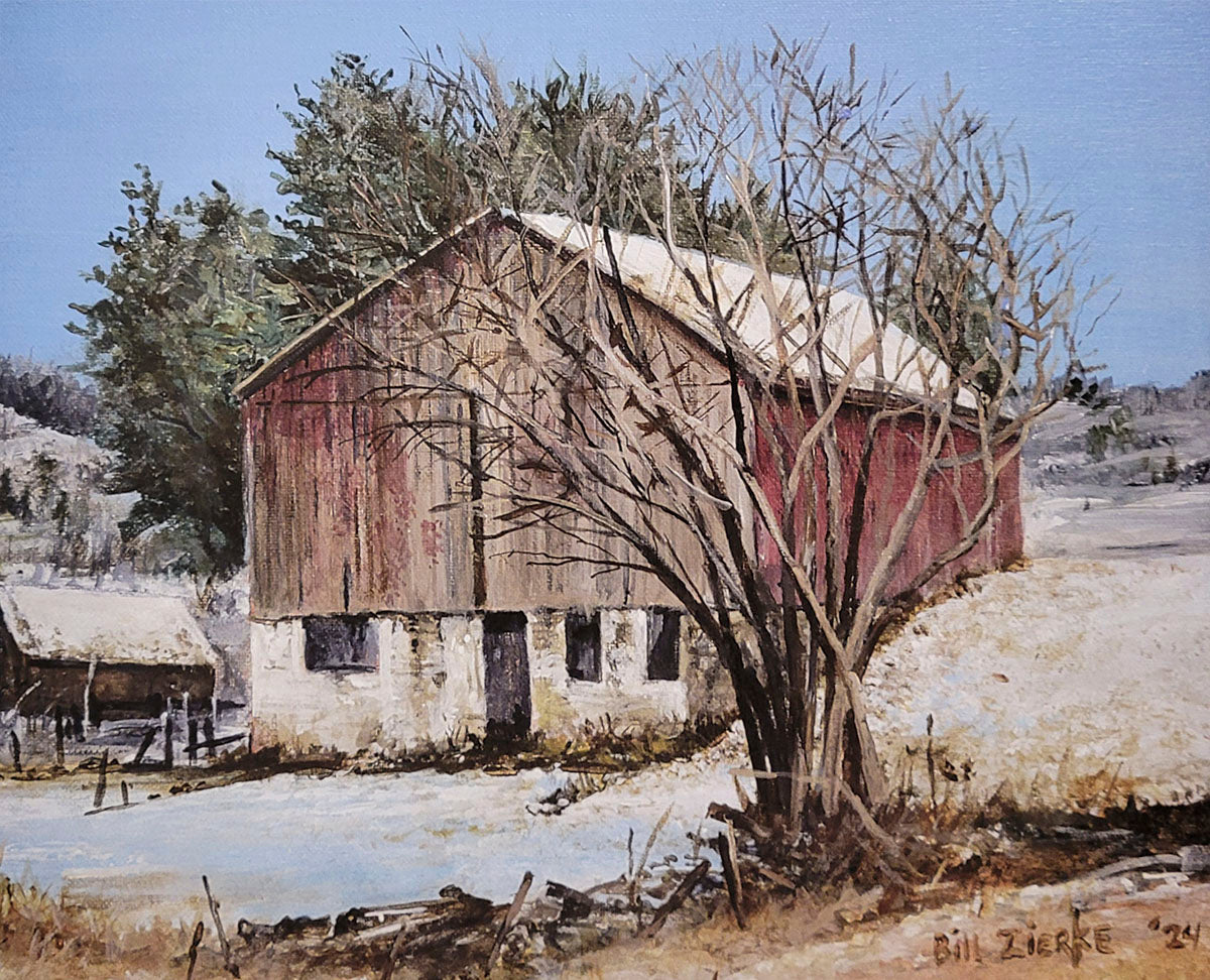 Bill Zierke painting of a historic weathered barn with a stone base and bare winter trees in a snowy, desolate field.