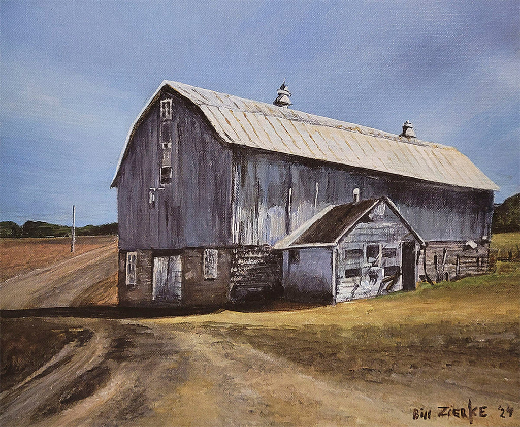 Large, antique grey barn with an attached shed and a dirt path, painted by Bill Zierke, evoking rural serenity on a clear day.