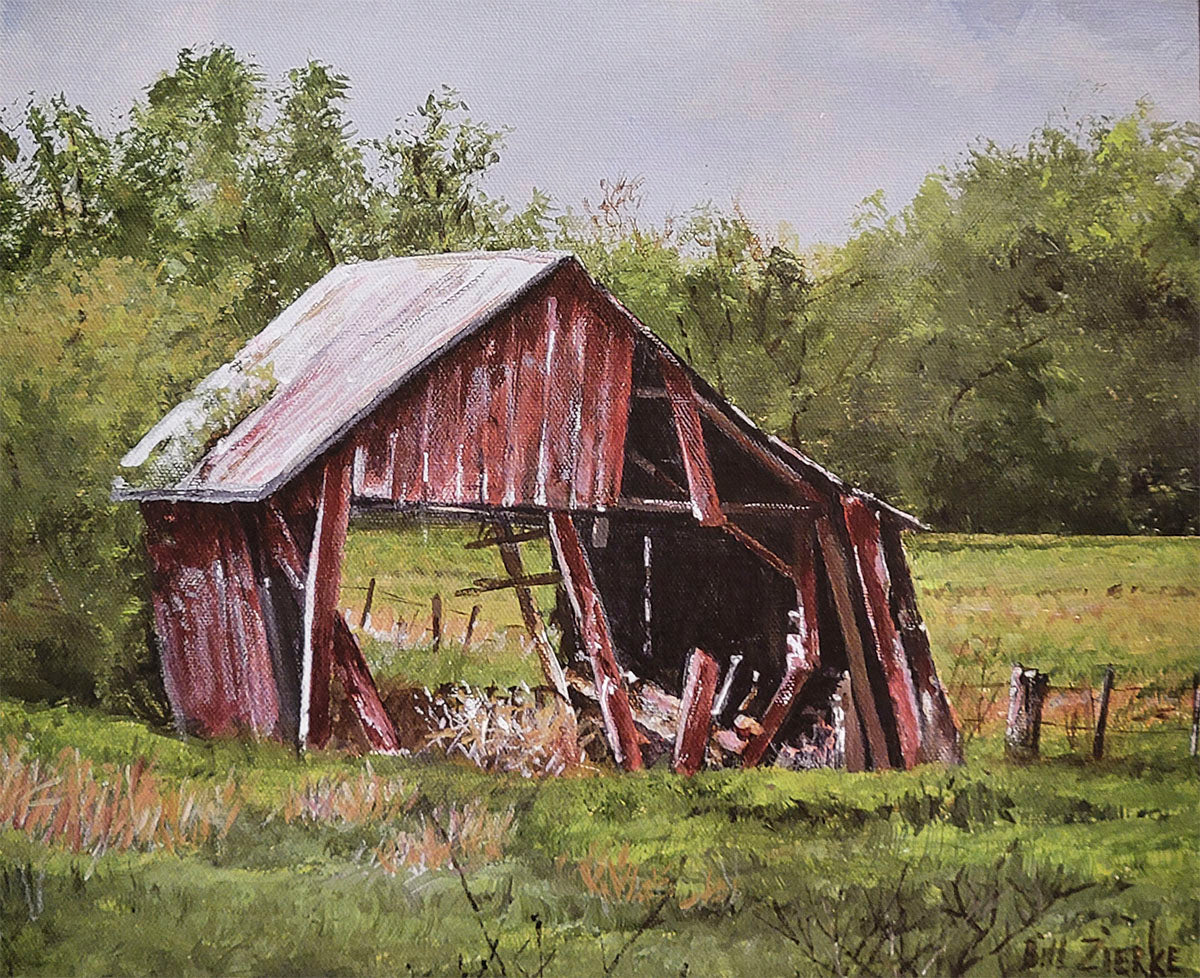 Dilapidated red barn collapsing in a vibrant green field, a poignant rural landscape painting by Bill Zierke.