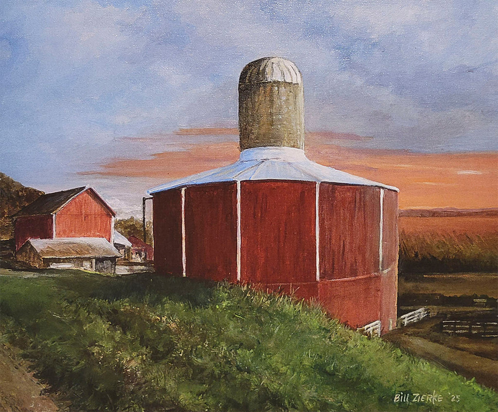 Unique circular red barn with a towering silo, bathed in the warm glow of a sunset in a Bill Zierke rural art piece.