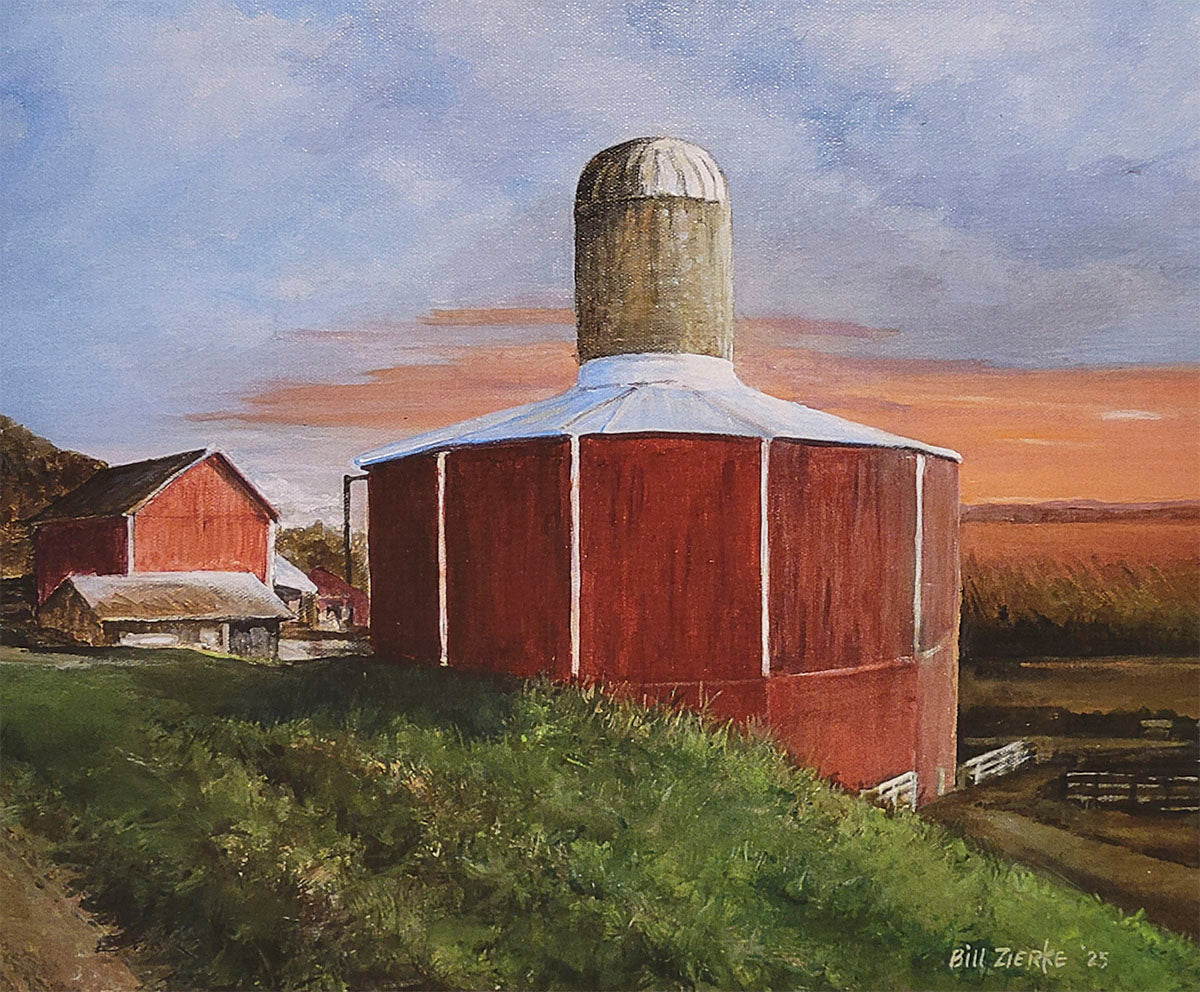 Unique circular red barn with a towering silo, bathed in the warm glow of a sunset in a Bill Zierke rural art piece.