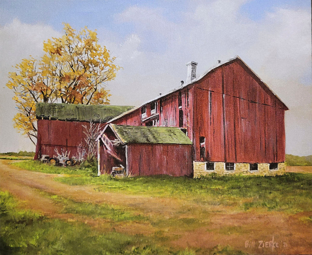 Autumn scene painting by Bill Zierke, featuring a vibrant red barn against a backdrop of golden yellow fall foliage and a winding dirt road.