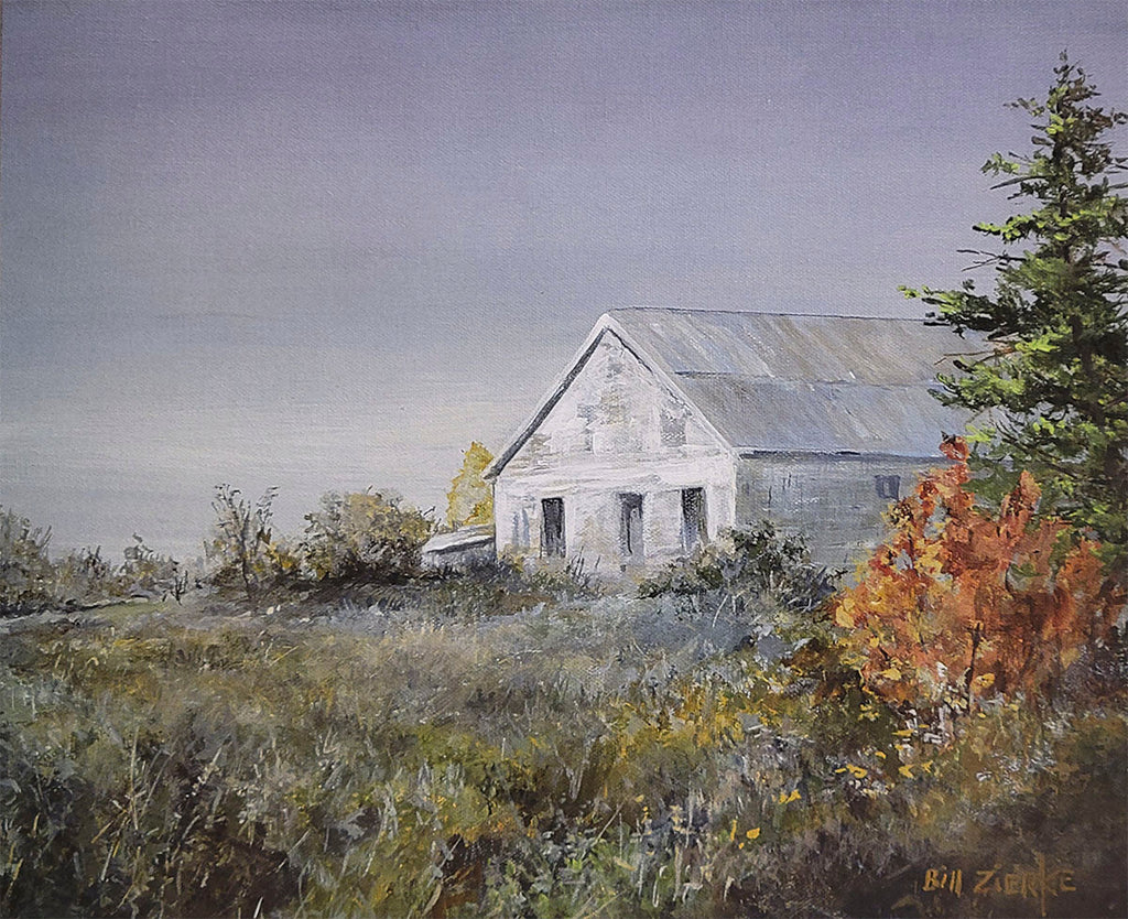 Late autumn Bill Zierke painting of a desolate white barn on a hill with sparse foliage under an overcast sky, highlighting rustic charm.