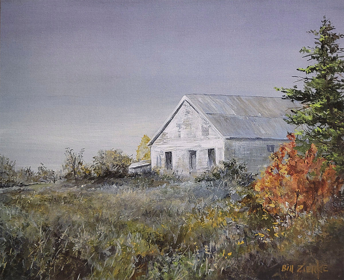 Late autumn Bill Zierke painting of a desolate white barn on a hill with sparse foliage under an overcast sky, highlighting rustic charm.