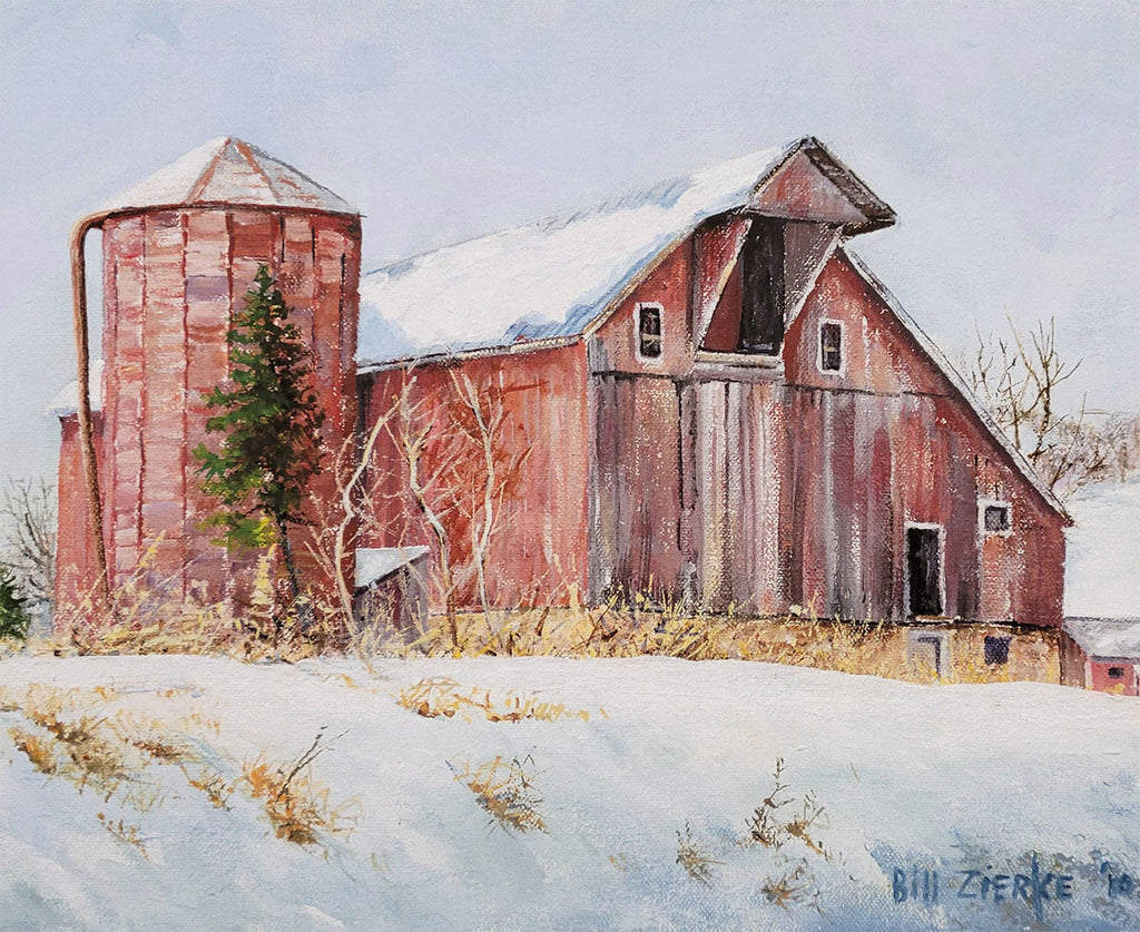 Idyllic winter farm scene by Bill Zierke, depicting a snow-covered red barn with an open loft and a matching red silo.