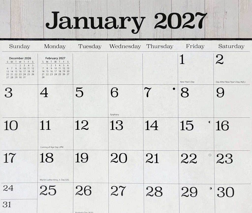 Detail of the January 2027 calendar grid, displaying clear dates, holidays, and mini previous/next month views for easy planning.