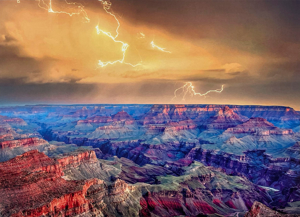 Dramatic Grand Canyon landscape at sunset with vibrant purple and red rock layers under a stormy sky with lightning bolts, showcasing its vastness for a 2027 wall calendar.