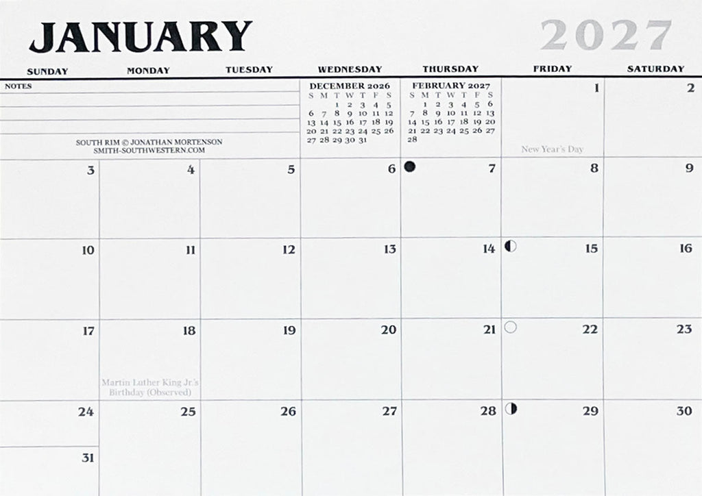 Close-up of a 2027 January calendar page, showing dates, holidays, and space for notes, with a credit for 'South Rim - Jonathan Mortenson', highlighting practical planning features.