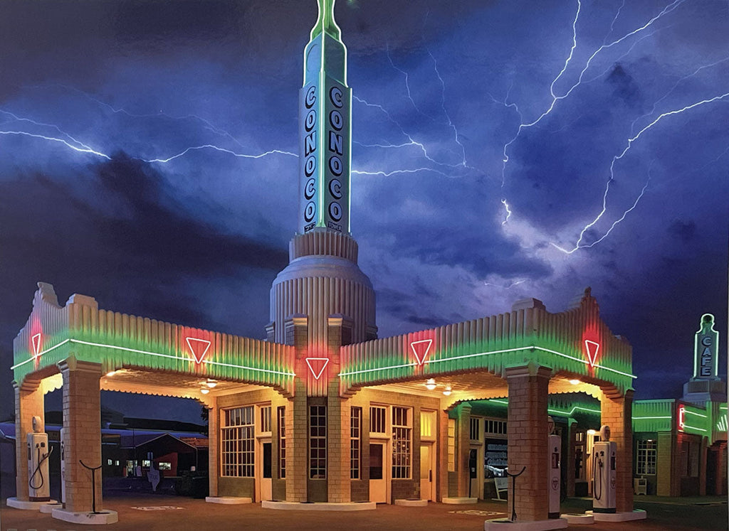 Stunning Conoco Tower Station, an Art Deco architectural gem with neon lights, set against a lightning-filled sky.