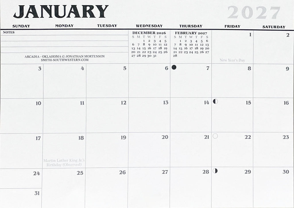 January 2027 calendar grid displaying dates and holidays, with space for notes.