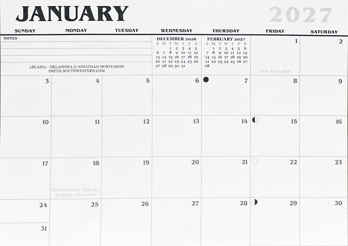 January 2027 calendar grid displaying dates and holidays, with space for notes.