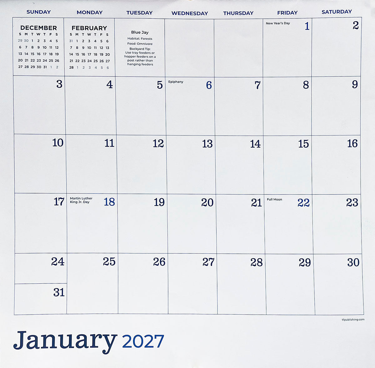 A clear view of the January 2027 calendar grid, showing dates, holidays like New Year's Day and Martin Luther King Jr. Day, and ample space for notes.