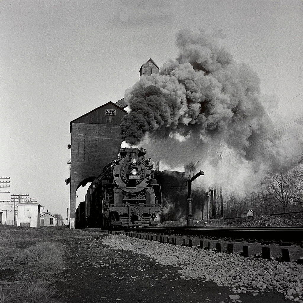 Dramatic black and white image of a steam locomotive emerging from an industrial building or shed, clouds of smoke pouring from its stack, active rail yard scene, heavy industry.