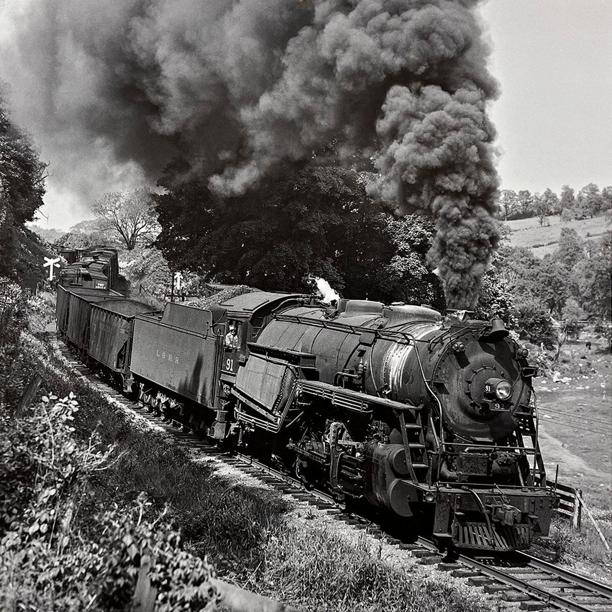Close-up of a large vintage steam engine number 91 with freight cars climbing a gentle slope, surrounded by lush vegetation and rolling hills, classic railroading.