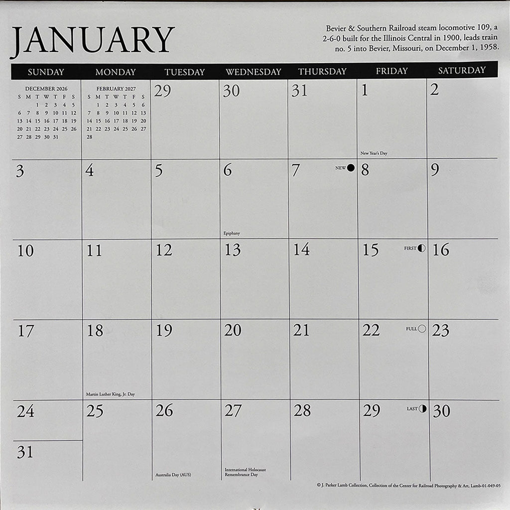 Detail of a wall calendar page for January 2027, featuring dates, holidays like New Year's Day, and small previous/next month views, ideal for planning and organization.