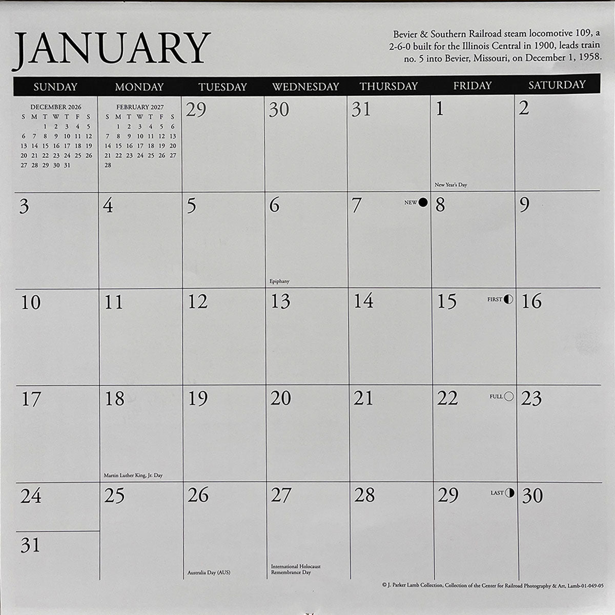 Detail of a wall calendar page for January 2027, featuring dates, holidays like New Year's Day, and small previous/next month views, ideal for planning and organization.