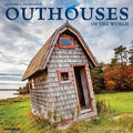 Front cover of 'Londie G. Padelsky's Outhouses of the World 2027 18-Month Wall Calendar' featuring a weathered, red-trimmed wooden outhouse by a scenic waterfront with autumn trees under a cloudy sky.