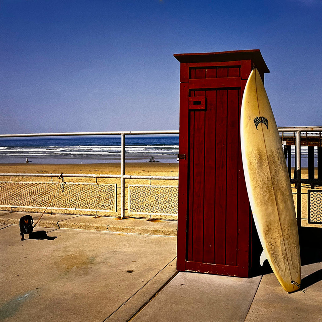February 2027 calendar image: A bright red, sleek outhouse standing tall on a boardwalk beside a surfboard, with a small dog on a leash and a sandy beach leading to the ocean under a clear blue sky.
