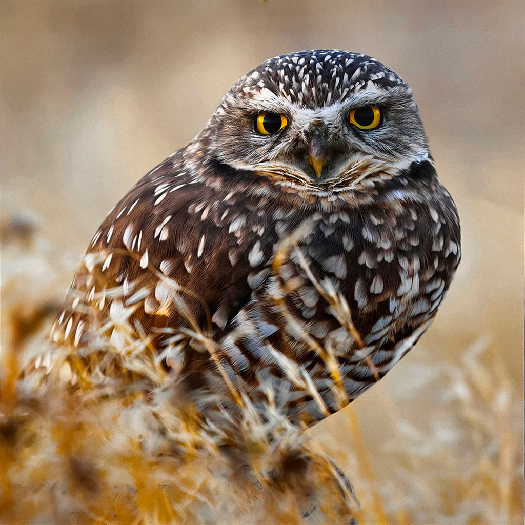 Curious Burrowing Owl (Athene cunicularia) with striking yellow eyes, partially concealed by dry golden grasses in its natural prairie habitat.