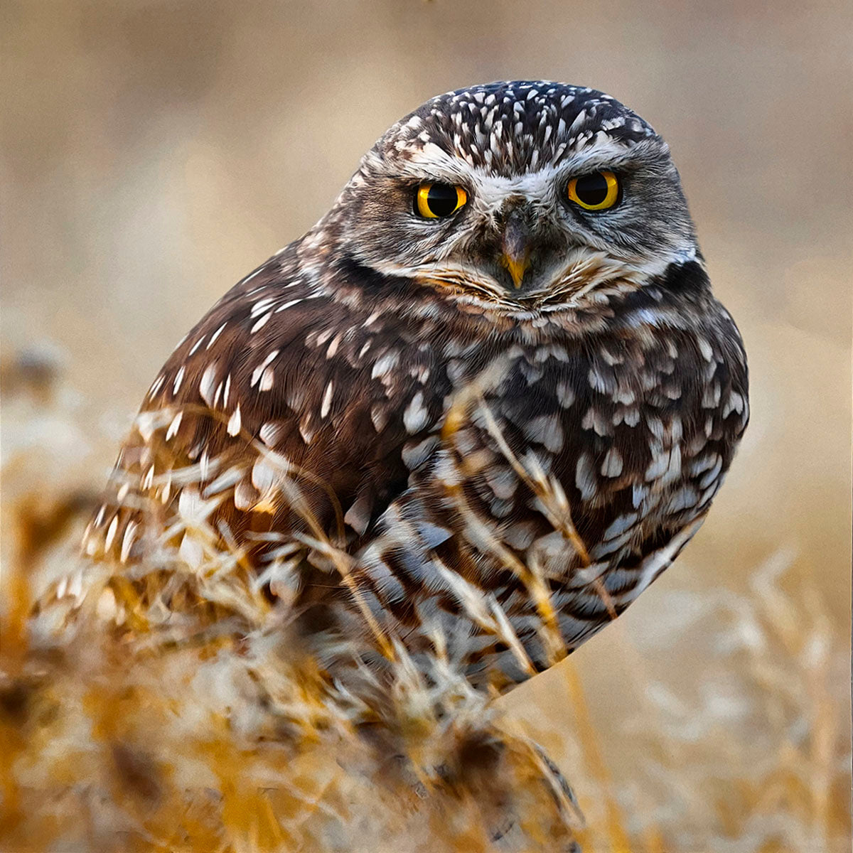 Curious Burrowing Owl (Athene cunicularia) with striking yellow eyes, partially concealed by dry golden grasses in its natural prairie habitat.