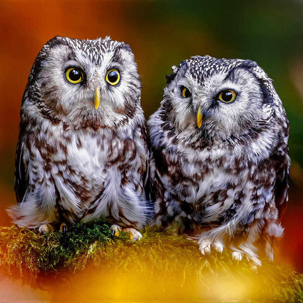 Pair of fluffy Boreal Owls (Aegolius funereus) with large yellow eyes and distinct facial disks, perched together on a moss-covered log in a forest setting.
