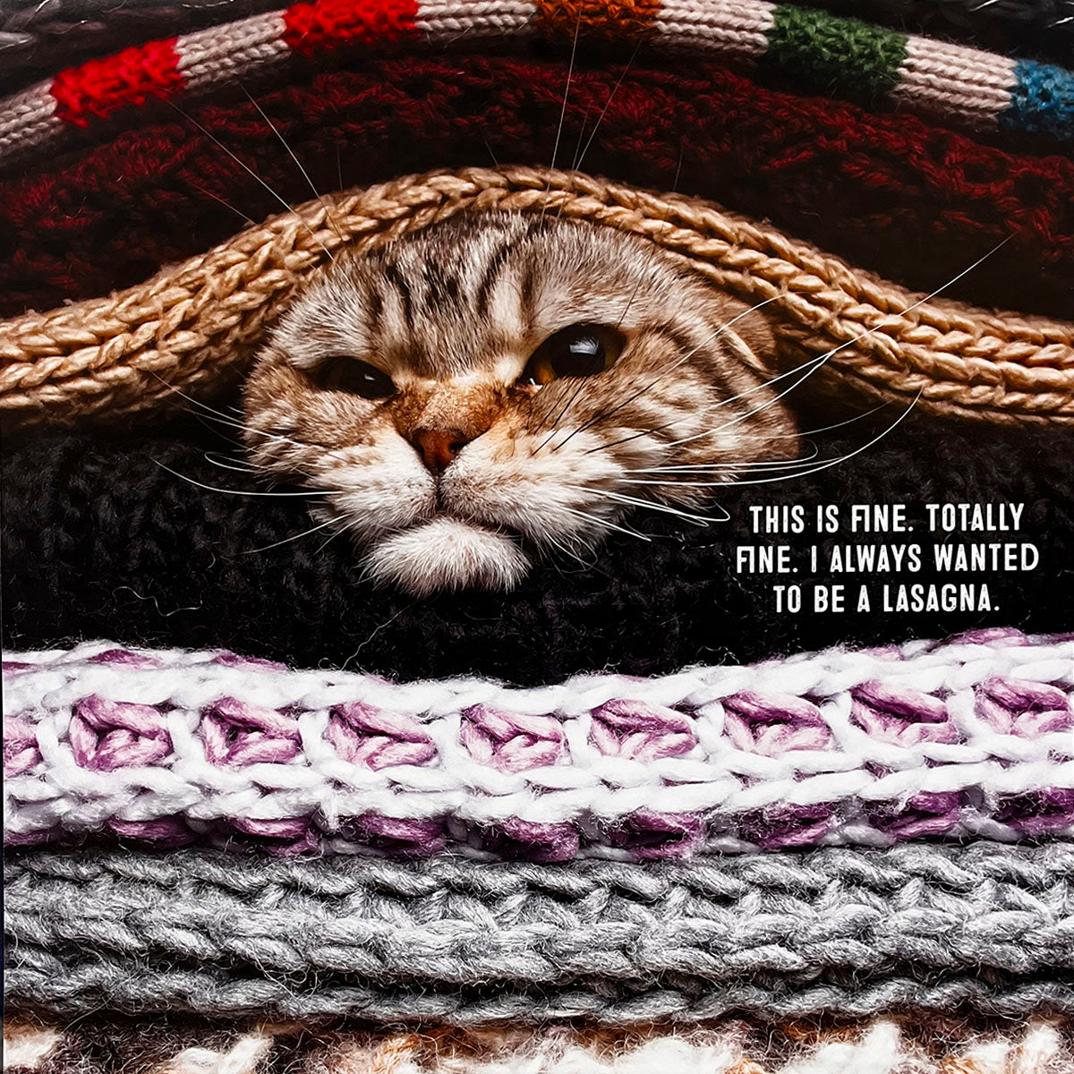Hilarious cat calendar image showing a tabby cat's face peering out from under a stack of colorful knitted blankets. Caption says: 'This is fine. Totally fine. I always wanted to be a lasagna.'