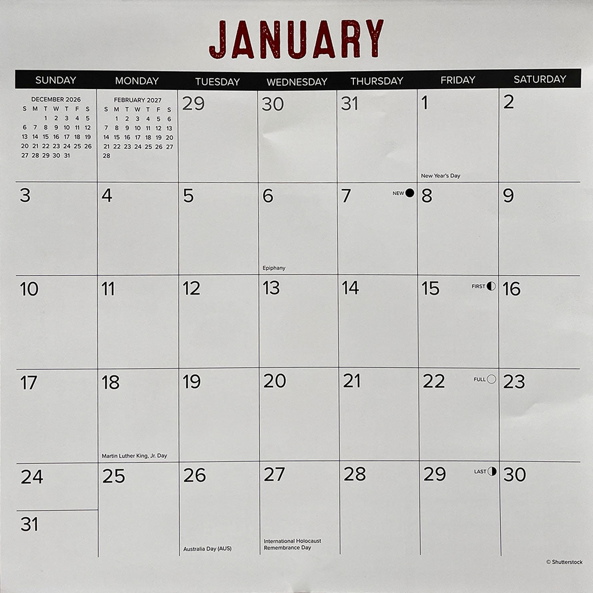 Detail view of the January 2027 calendar grid, showing dates and holidays like New Year's Day and Martin Luther King, Jr. Day.