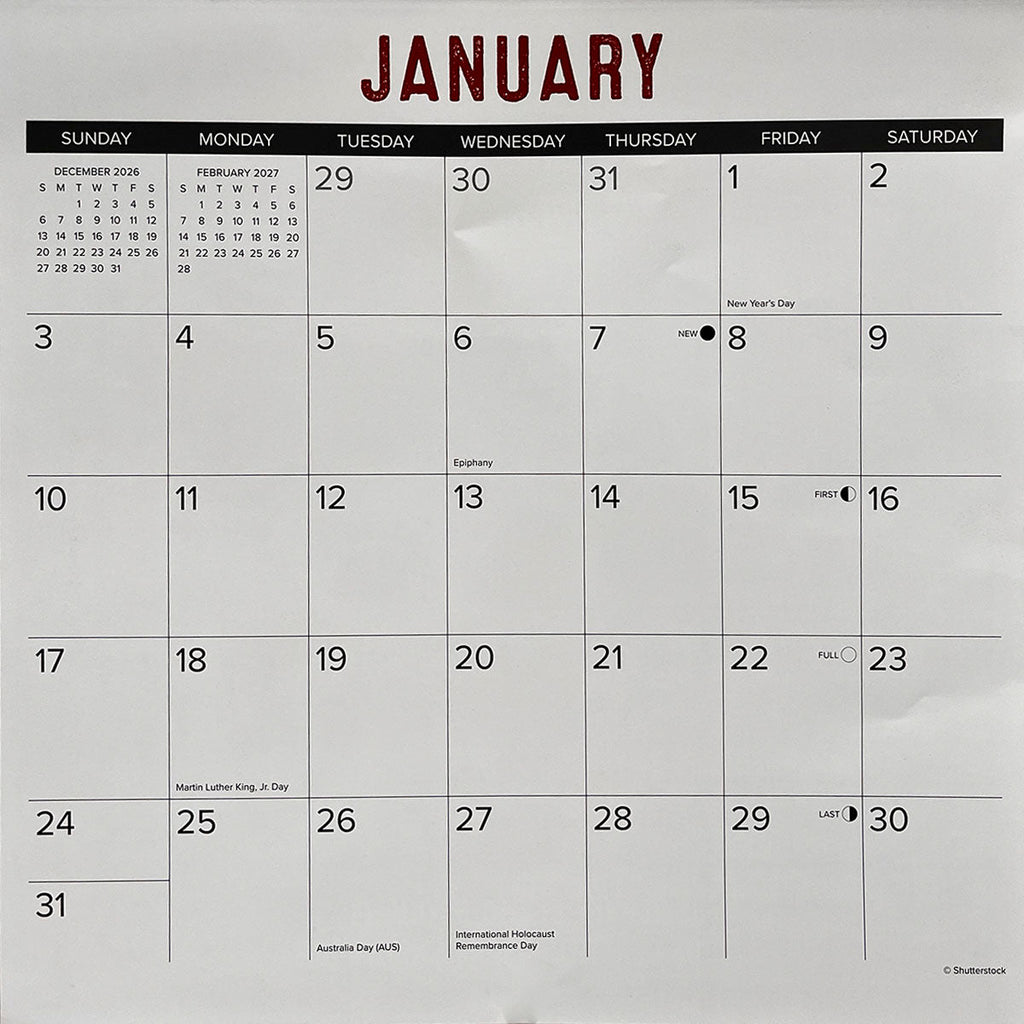 Detail of the January 2027 calendar grid, showing dates, moon phases, and holidays like New Year's Day, Martin Luther King Jr. Day, and International Holocaust Remembrance Day, suitable for planning.