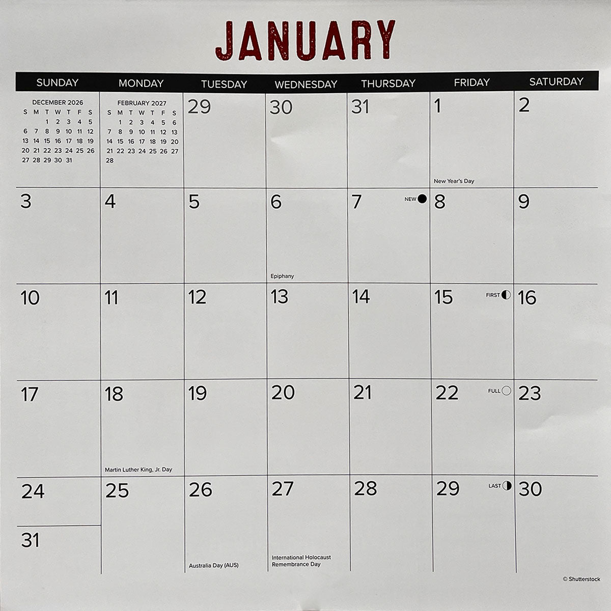 Detail of the January 2027 calendar grid, showing dates, moon phases, and holidays like New Year's Day, Martin Luther King Jr. Day, and International Holocaust Remembrance Day, suitable for planning.