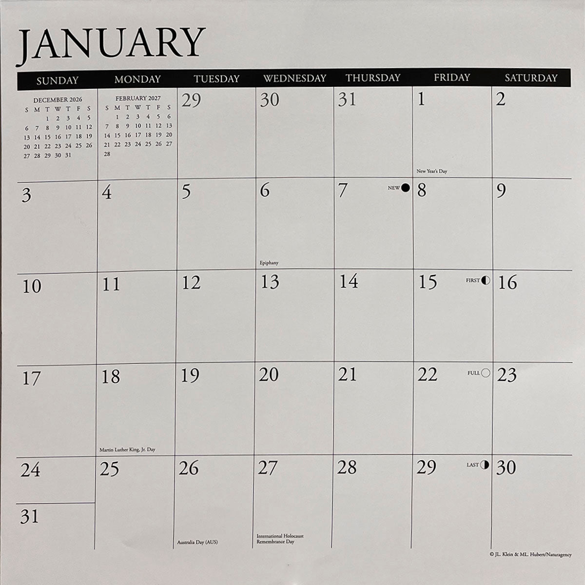 Clear and functional calendar grid for January 2027, displaying dates, days of the week, and key holidays, demonstrating the practical layout.