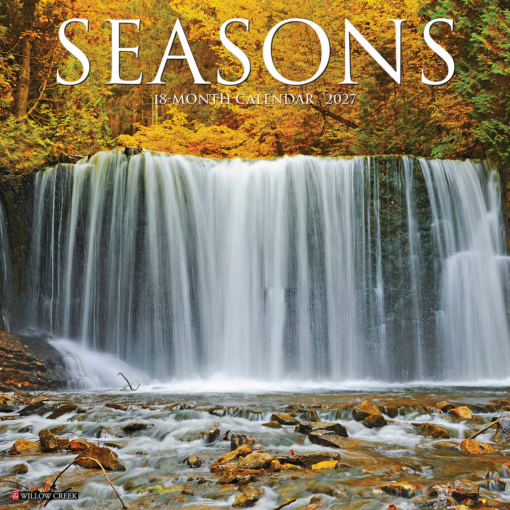 Autumn waterfall cascading into a rocky stream with vibrant yellow and orange foliage, part of the Seasons 18-Month Calendar 2027 by Willow Creek.