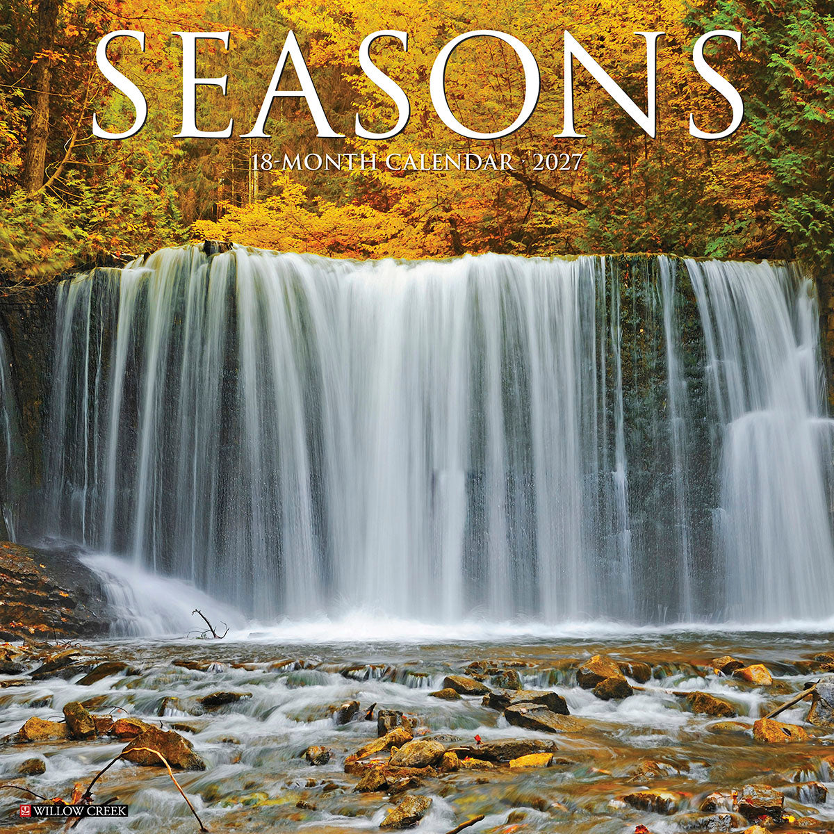 Seasons 2027 18-Month Wall Calendar cover featuring a majestic waterfall cascading over rocks amidst lush autumn trees with golden and orange leaves. The calendar title 'SEASONS' is prominently displayed.
