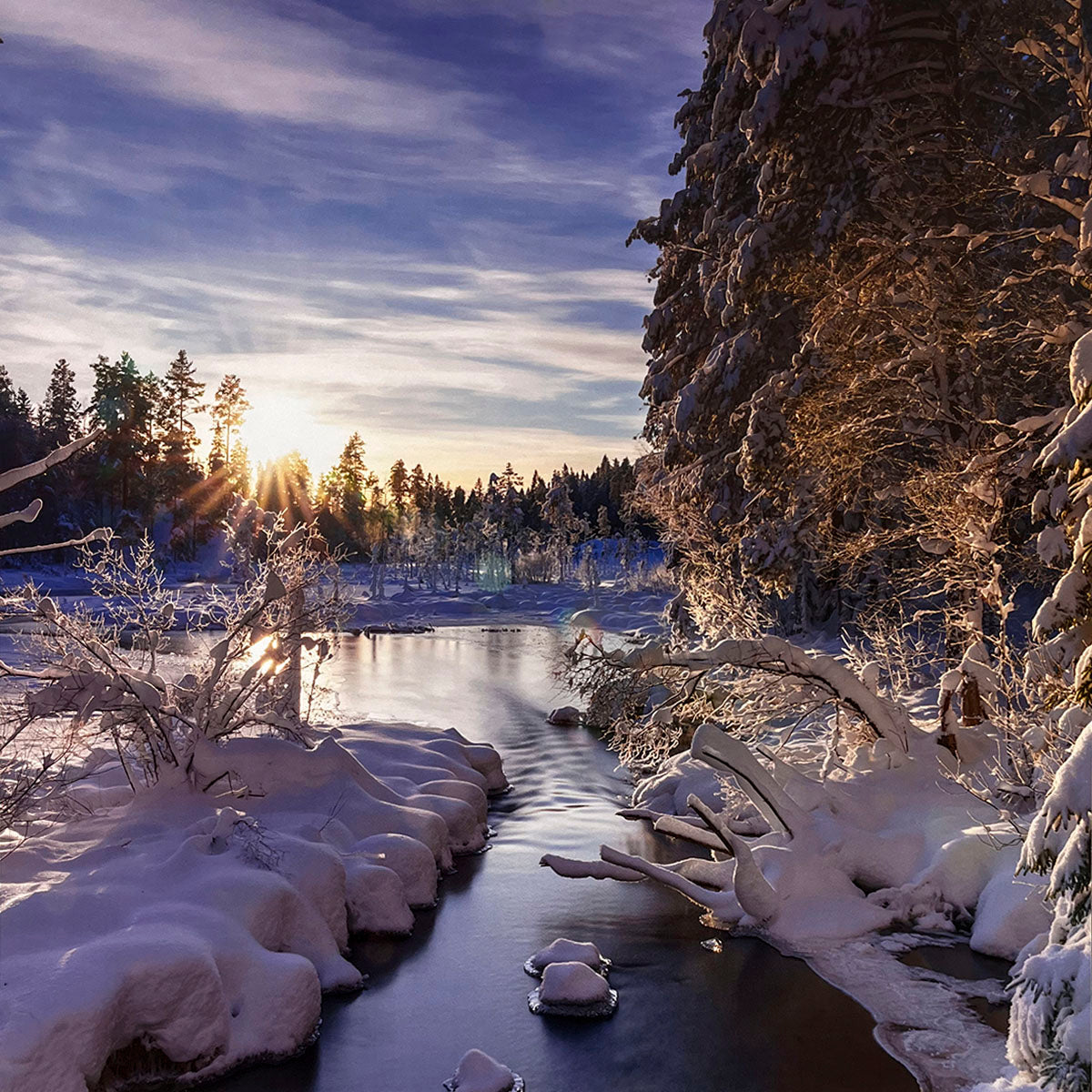 Golden winter sunset over a snow-covered forest and a winding icy river, with sunbeams piercing through the trees.