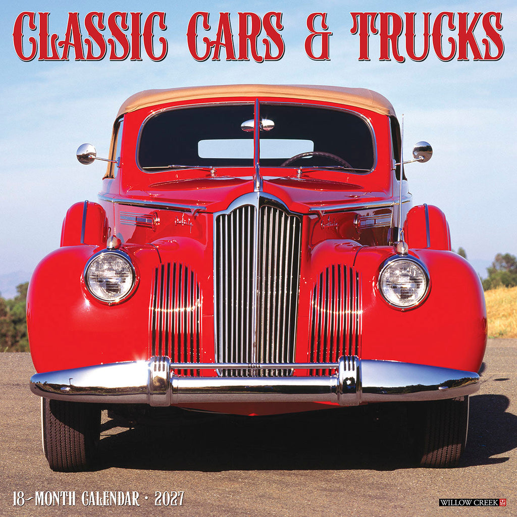 Front view of a vibrant red 1940s Packard convertible classic car with a tan soft top, parked on an asphalt road against a blue sky, cover of a 2027 Classic Cars & Trucks 18-Month Wall Calendar.