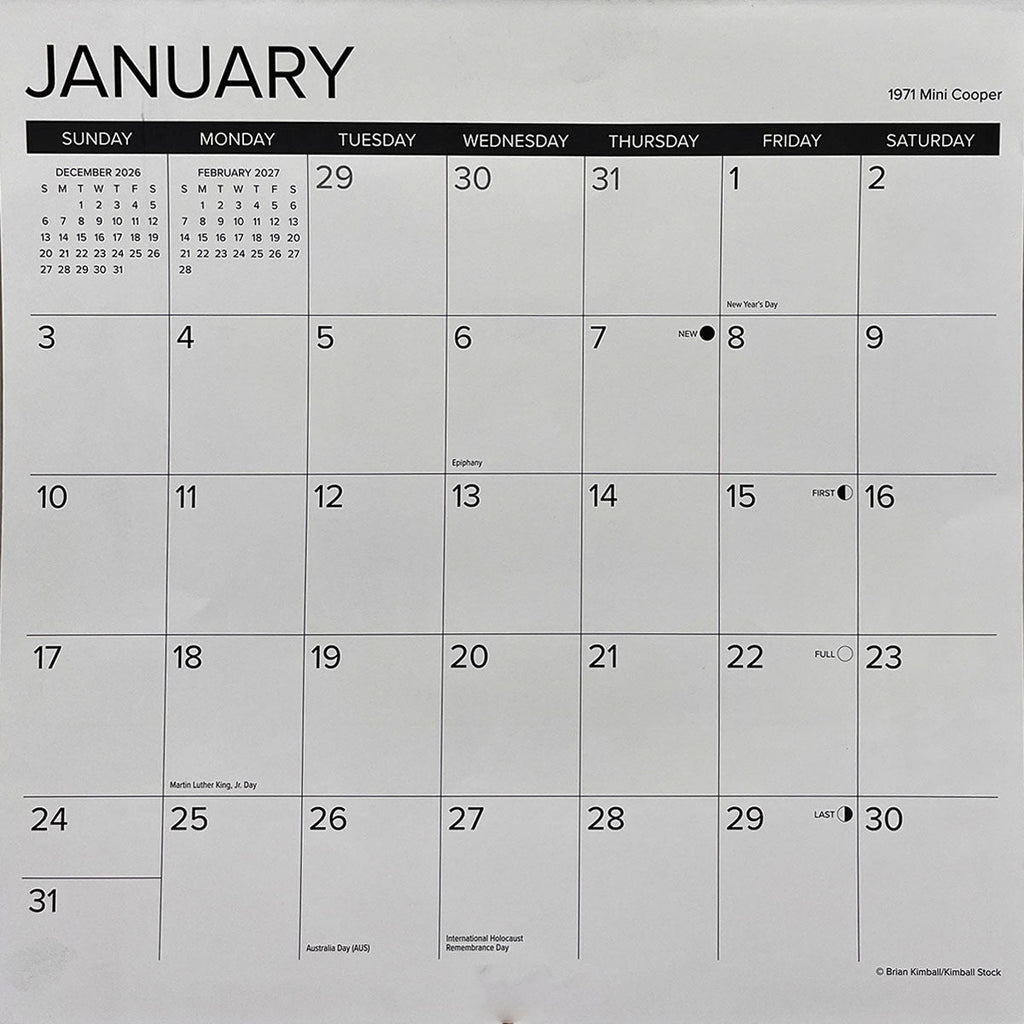 A detailed close-up of a wall calendar page for January 2027, featuring large date squares, holiday markers, and mini previous/next month calendars, with a small image of a 1971 Mini Cooper, demonstrating the calendar's layout and functionality.