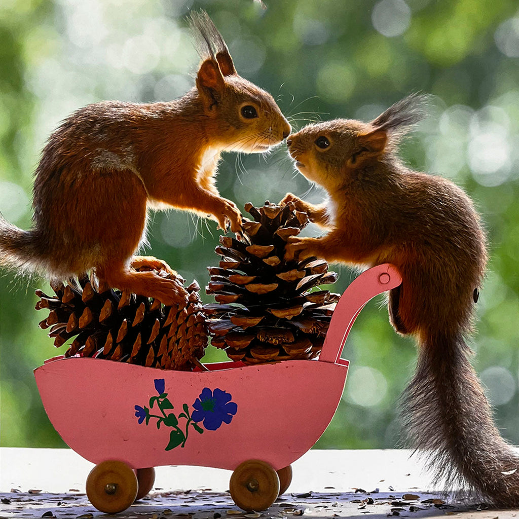 Two playful squirrels carefully arranging pinecones in a charming pink miniature wagon, illustrating a cute autumn or nature-themed scene for a monthly calendar.