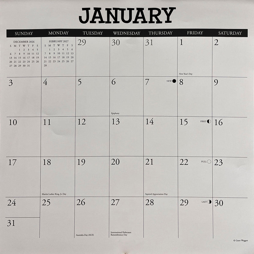 The January 2027 calendar grid, showing dates, moon phases, and holidays like New Year's Day and Martin Luther King Jr. Day, a clear example of the calendar's practical layout.