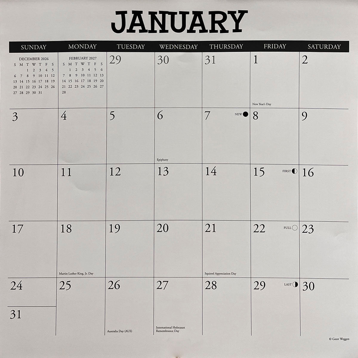The January 2027 calendar grid, showing dates, moon phases, and holidays like New Year's Day and Martin Luther King Jr. Day, a clear example of the calendar's practical layout.