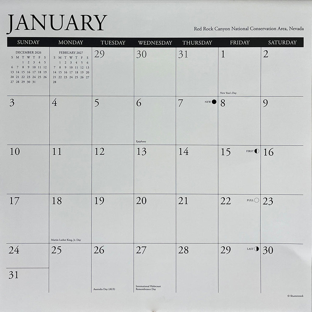 Close-up of the January 2027 calendar grid, clearly showing dates, days of the week, and highlighted holidays, designed for practical organization and planning.
